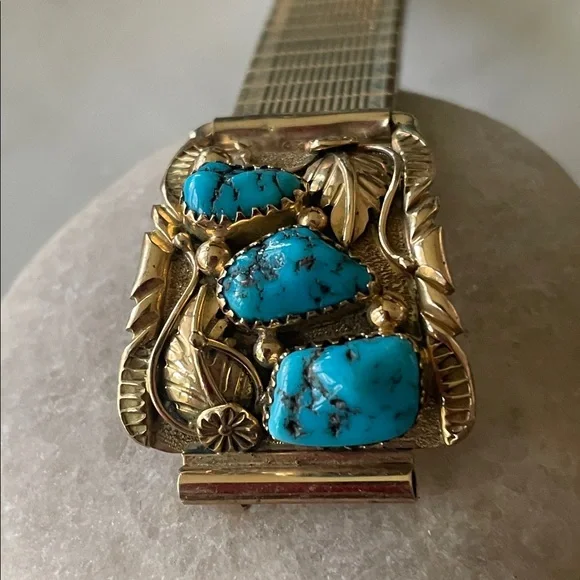 Gold 14K Native American Turquoise Vintage Watch Tips signed Walley - Picture 11 of 15